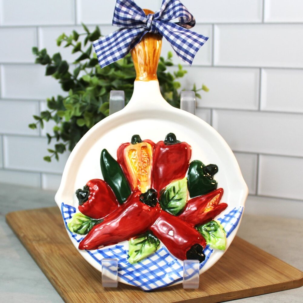 Vintage Ceramic Wall Skillet Red Peppers Blue Checked Tablecloth and Ribbon